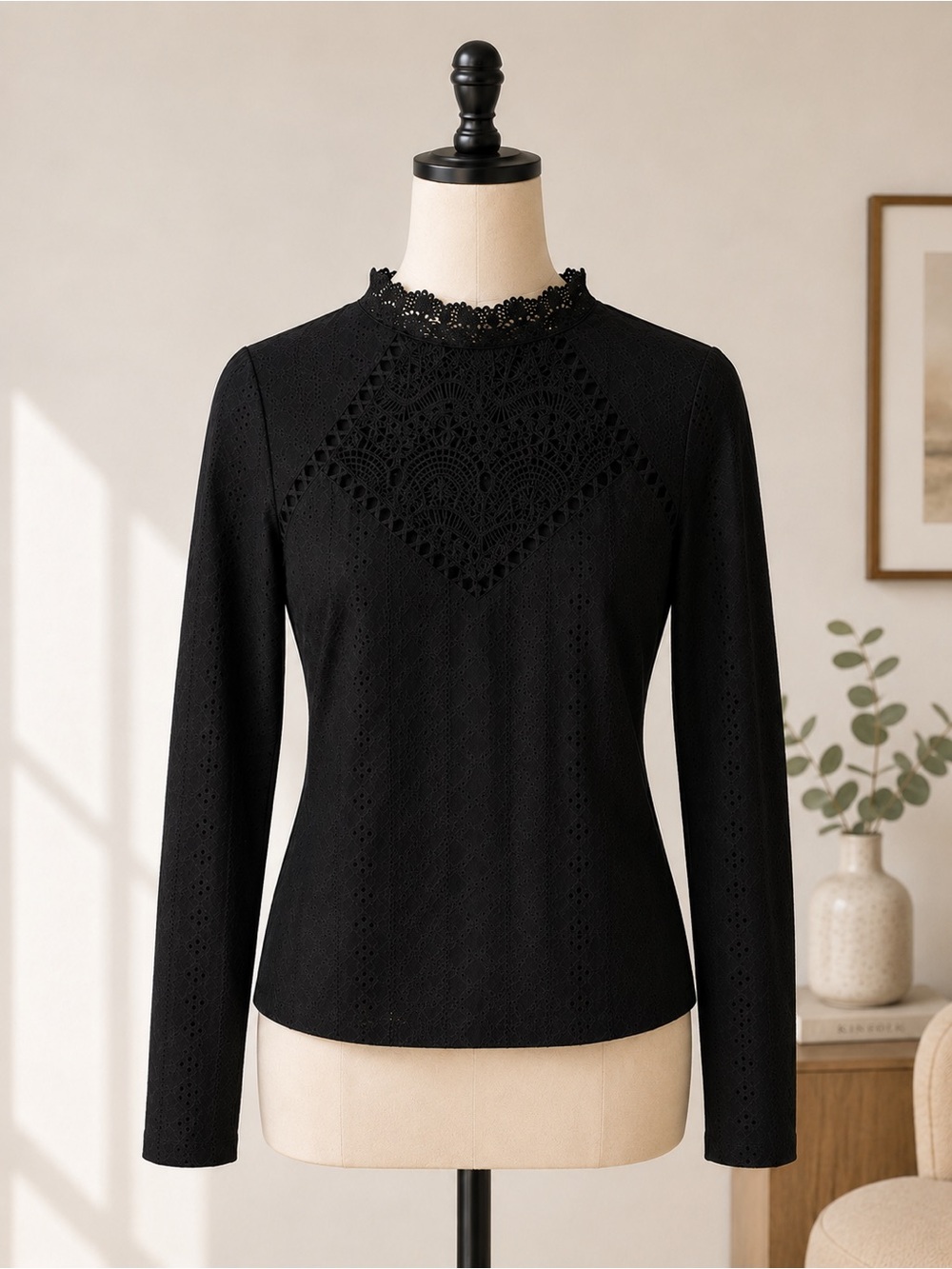 Black Lace Yoke Long Sleeve Tee